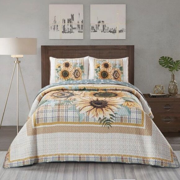 Sunflower Bouquet Printed Lightweight KING Quilt Set Cottagecore Farmhouse - Picture 2 of 5